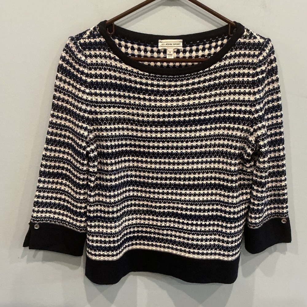 St John Sport Womens Wool Blend Sweater S Navy Blue Striped Old Money Fall Prep